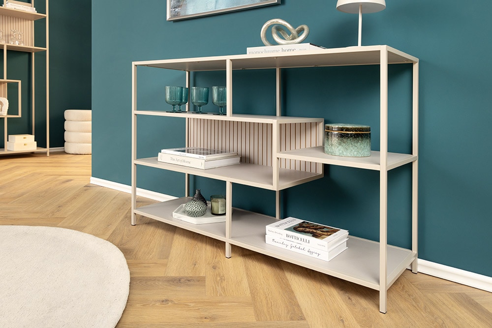 Modernes Bücherregal SLIM LINE 115cm champagner beige Metallgestell fünf Regalböden Modernes Bücherregal SLIM LINE 115cm champagner beige Metallgestell fünf Regalböden
