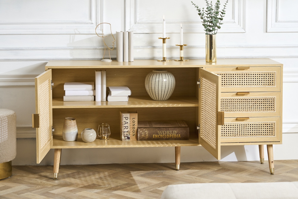 Design Sideboard VIENNA 155cm Wiener Geflecht Rattan Kommode mit Schubladen