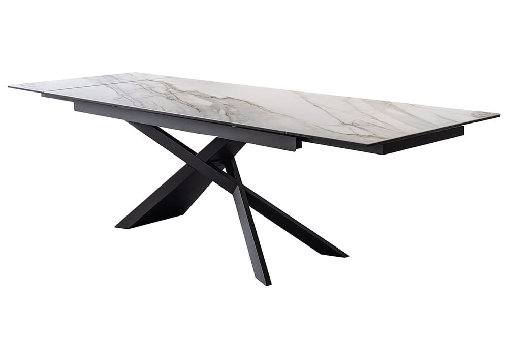 Ausziehbarer Esstisch EUPHORIA 180-220-260cm weiß Carrara Oro Keramik schwarz Metall