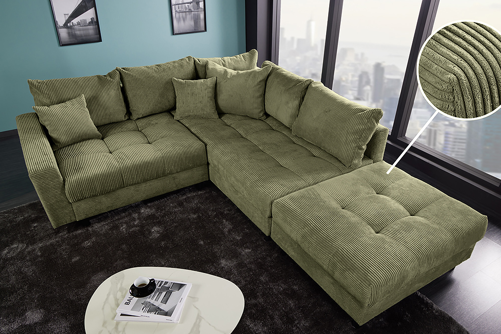 Modernes Ecksofa KENT 220cm grün Cord inkl. Hocker Federkern L-Form Wohnlandschaft