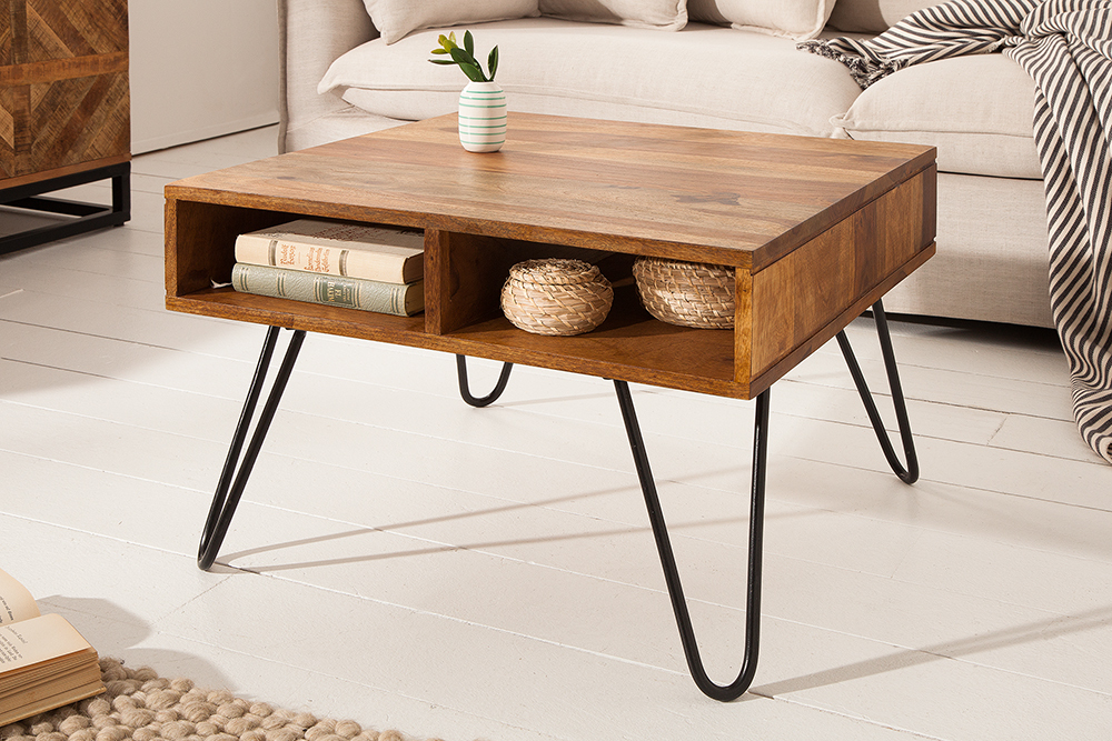 Massivholz Couchtisch SCORPION 60cm braun Sheesham stone finish Stauraum Hairpin Legs