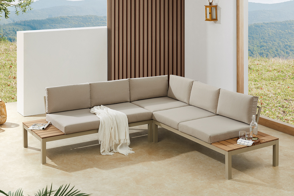 Große Garten Sitzgruppe MIAMI LOUNGE 240cm champagner greige Aluminium wetterfest Outdoor inkl. Kissen