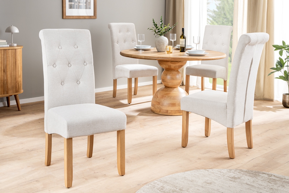 Design Stuhl CASA beige Strukturstoff Massivholzbeine mit Zierknöpfen und Nackenrolle
