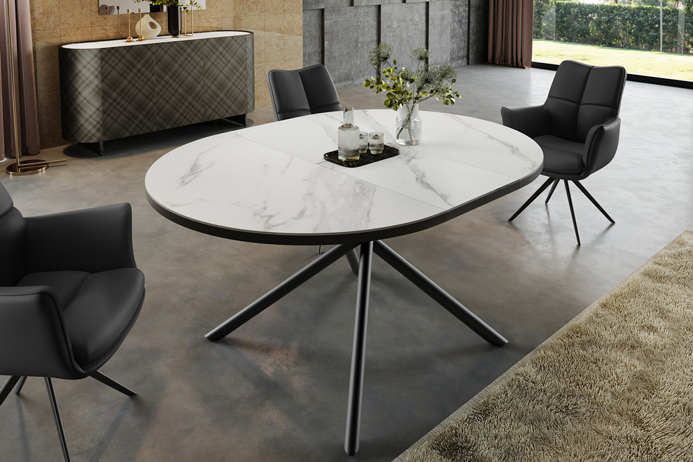 Ausziehbarer Esstisch MIKADO 120-160cm weiß Keramik oval schwarz Sterngestell