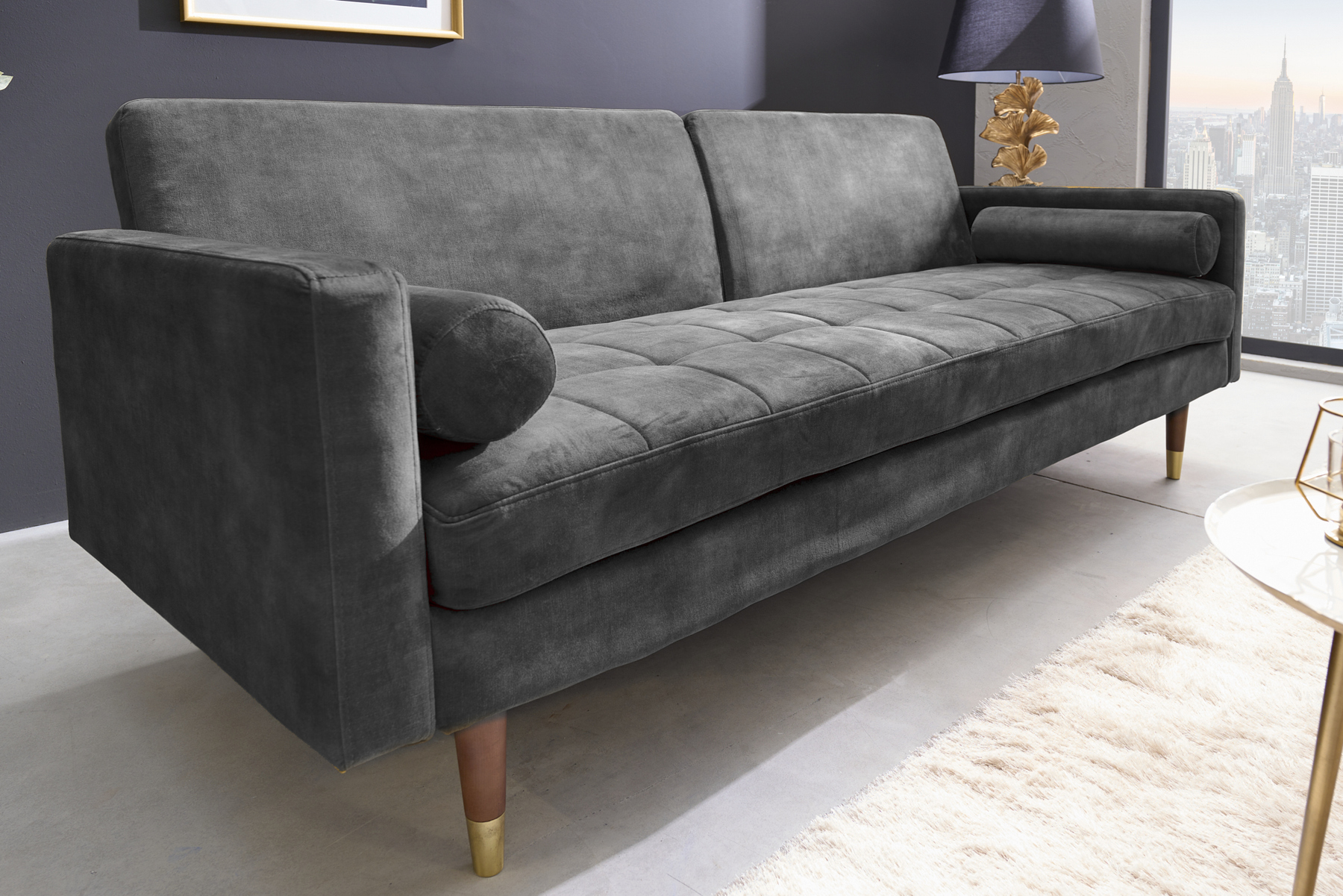 Modernes Schlafsofa COUTURE 200cm grau Microvelours 3-Sitzer Couch mit Schlaffunktion