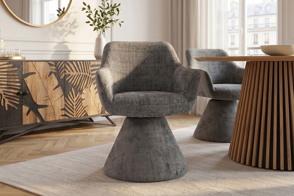 Drehbarer Stuhl AMBIENTO grau Bouclé 180° mit Auto-Return Polsterstuhl