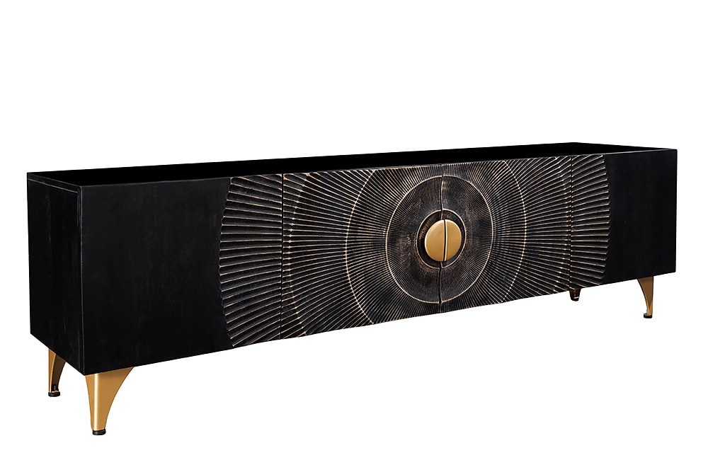 Handgearbeitetes TV-Lowboard GOLDEN SUNSET 180cm schwarz mit 3D Schnitzereien gold Mangoholz massiv Metallfüße