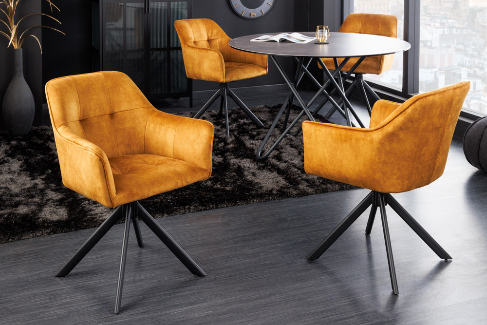 Design Stuhl LOFT senfgelb Samt drehbar Metallgestell schwarz mit Armlehne
