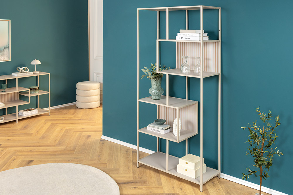 Modernes Bücherregal SLIM LINE 185cm champagner beige Metallgestell sechs Regalböden