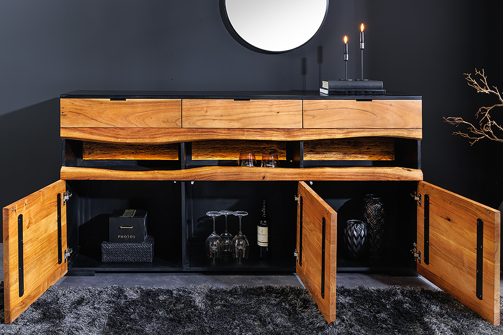 Massivholz Sideboard GRAND ACACIA 180cm braun Akazie mit LED-Beleuchtung Baumkante