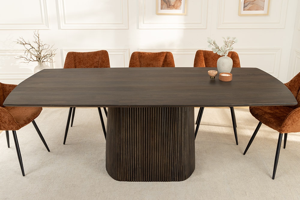 Design Esstisch GRAND 200cm dunkelbraun Mangoholz Bootsform mit Sockel