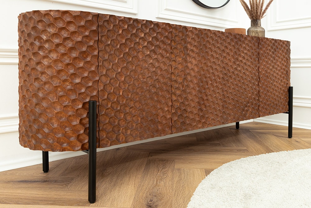 Massives Sideboard ADLON 180cm braun Mangoholz schwarz Metall 3D-Front in Wabenstruktur
