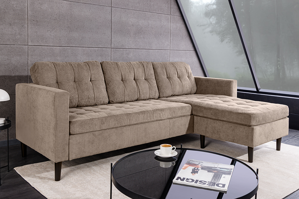 Retro Ecksofa STOCKHOLM 220cm taupe Cord Federkern 3-Sitzer