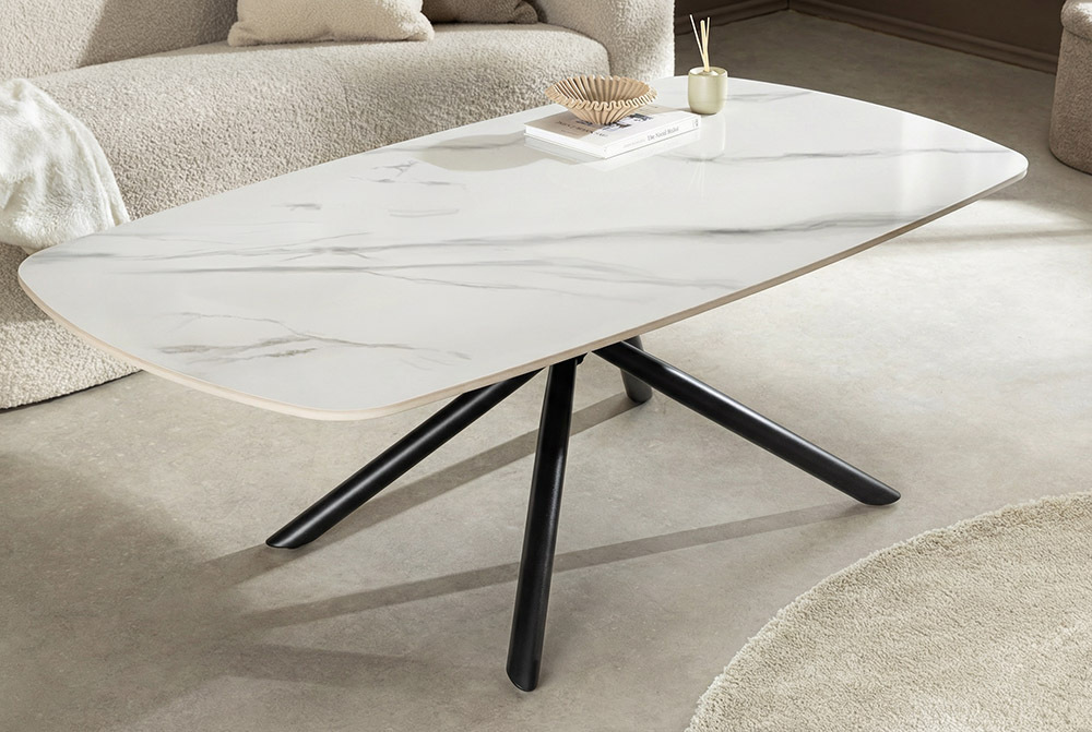 Design Couchtisch OSAKA 110cm weiß Keramik schwarz Sterngestell Metall