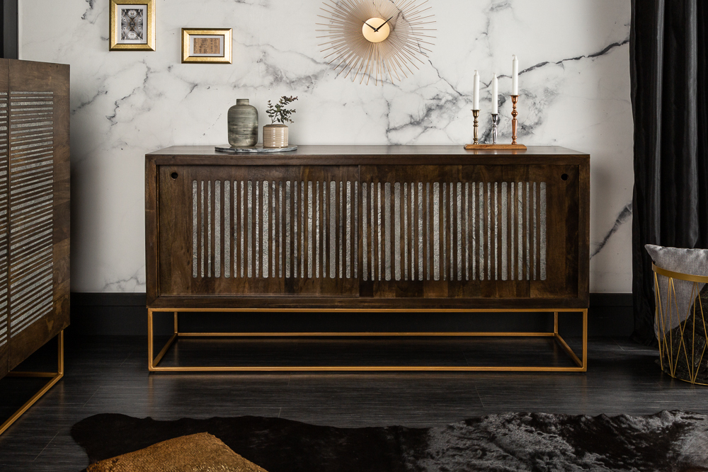 Massives Sideboard ONYX 160cm dunkelbraun gold Mangoholz Edelstein Achat Schiebetüren
