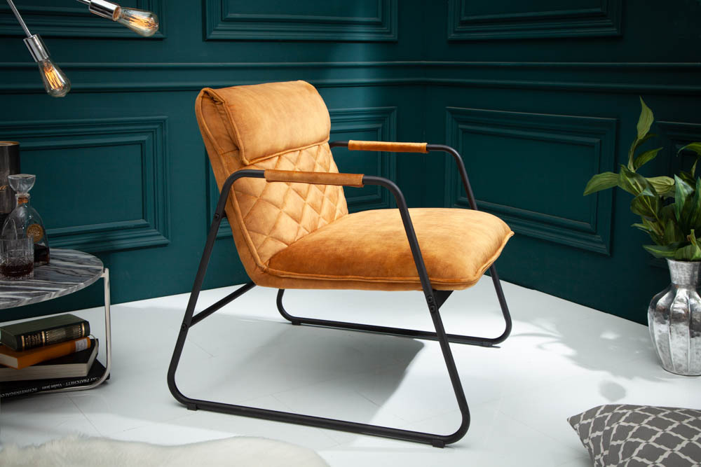 Retro Lounge Sessel MUSTANG LOUNGER senfgelb Samt mit Ziersteppung