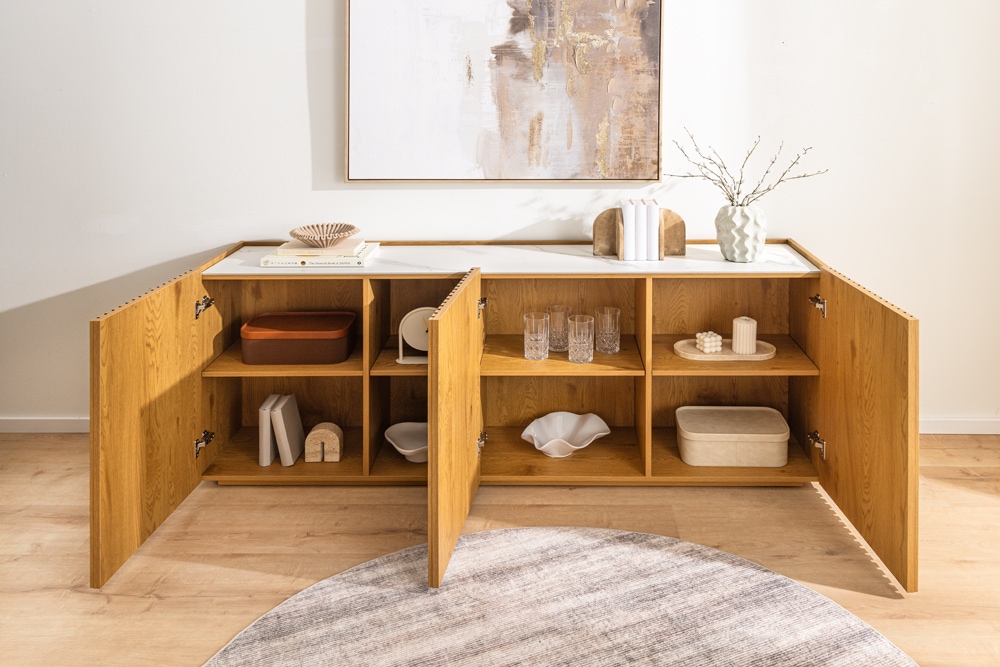 Design Sideboard VICENZA 180cm weiß Keramik natur Eiche Lamellenfront Design Sideboard VICENZA 180cm weiß Keramik natur Eiche Lamellenfront