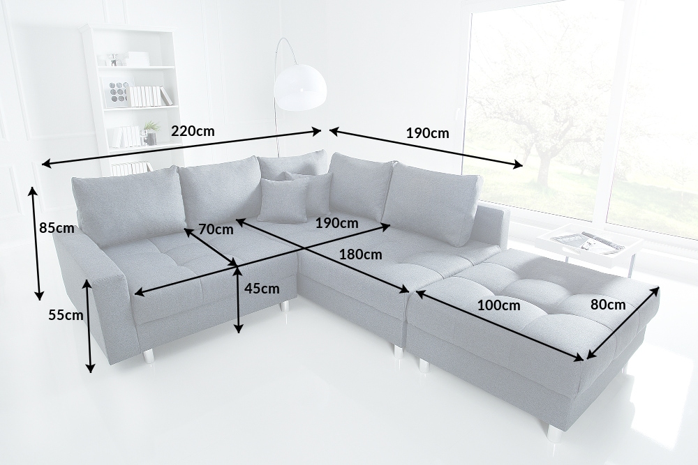 Moderne Wohnlandschaft KENT 220cm anthrazit Ecksofa Federkern inkl. Hocker und Kissen