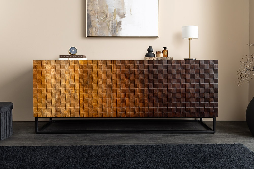 Massives Sideboard SHADES 180cm braun Mangoholz mehrfarbig 3D-Front Metallgestell