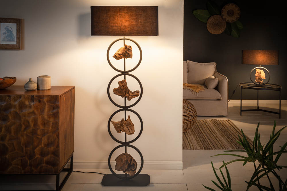 Design Stehlampe ELEMENTS 147cm schwarz Baumwollschirm Fuß mit Massivholz