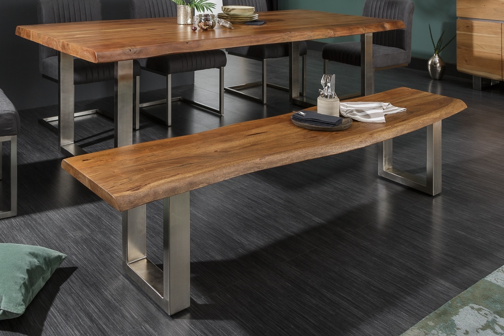 Massive Baumstamm Bank MAMMUT NATURE 160cm Akazie Industrial Chic Sitzbank Kufengestell