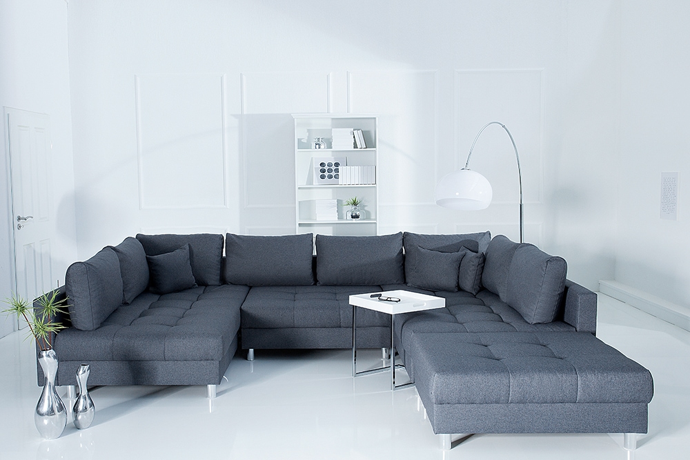 Moderne XXL Wohnlandschaft KENT 305cm anthrazit Federkern Bigsofa inkl. Hocker