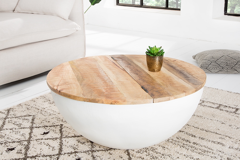 Runder Couchtisch INDUSTRIAL STORAGE 70cm weiß natur Massivholz mit Stauraum handmade