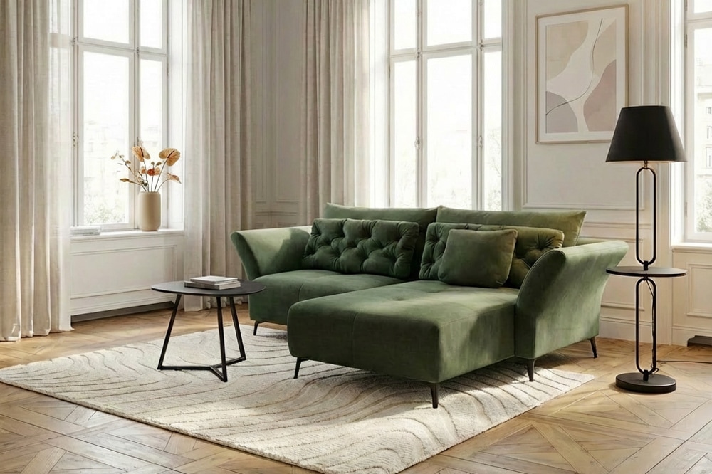 Modernes Ecksofa MARRAKESCH 265cm grün Samt 3-Sitzer inkl. Kissen Ottomane rechts