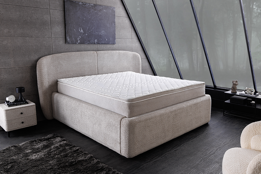 Modernes Boxbett ART DECO 180x200cm greige Bouclé mit Stauraum Matratze und Topper
