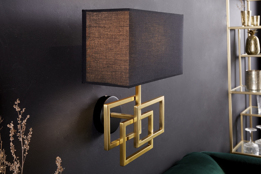 Moderne Wandleuchte ATLANTIS 44cm gold Stoffschirm schwarz Lampe