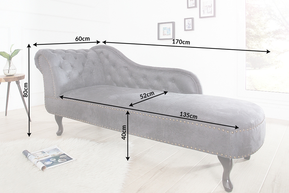 Chesterfield Récamière 170cm antik grau mit Knopfheftung und Nietenbesatz