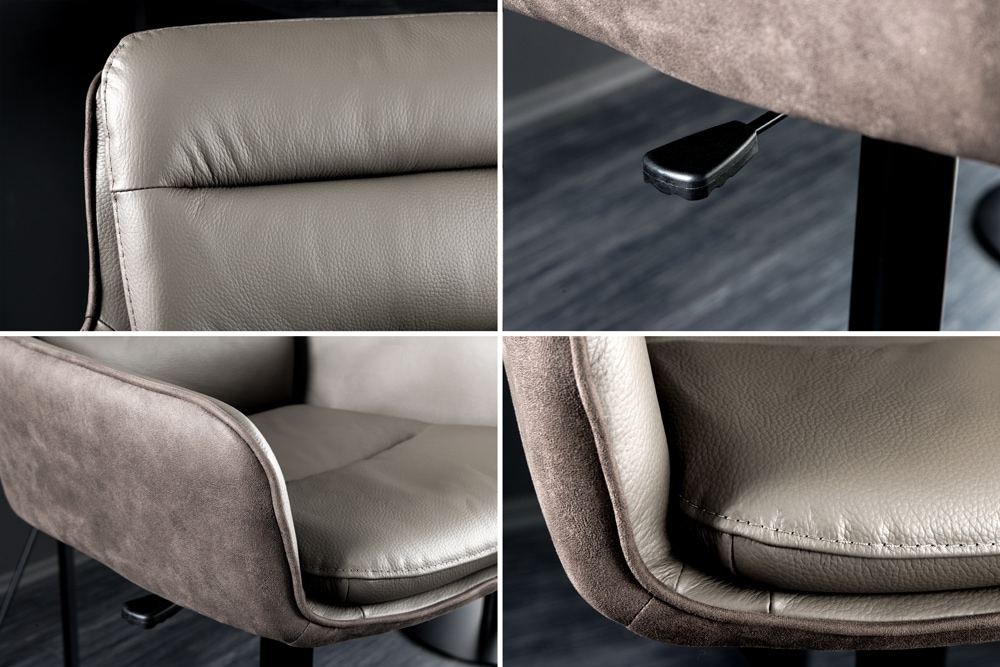 Drehbarer Design Barhocker BIG GEORGE taupe Echtleder Microfaser höhenverstellbar mit Armlehnen