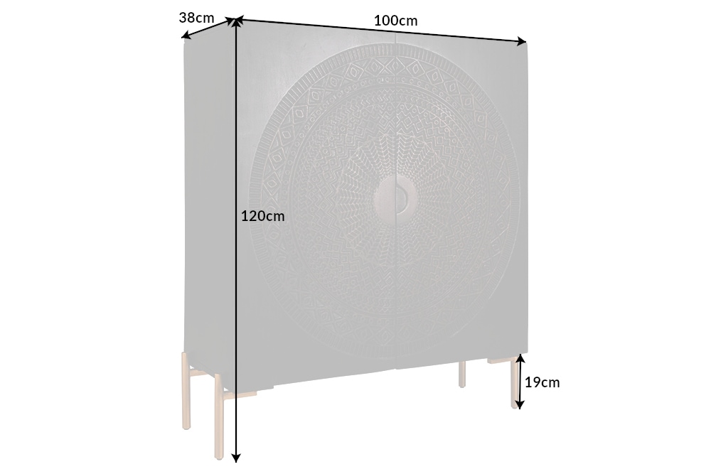 Massives Highboard MANDALA 120cm Mangoholz mit 3D Schnitzereien schwarz goldene Füße