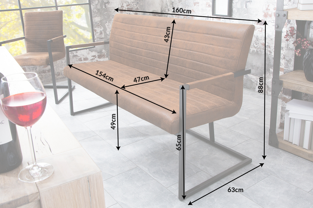 Industrial Freischwinger Bank LOFT 160cm vintage braun mit Armlehne