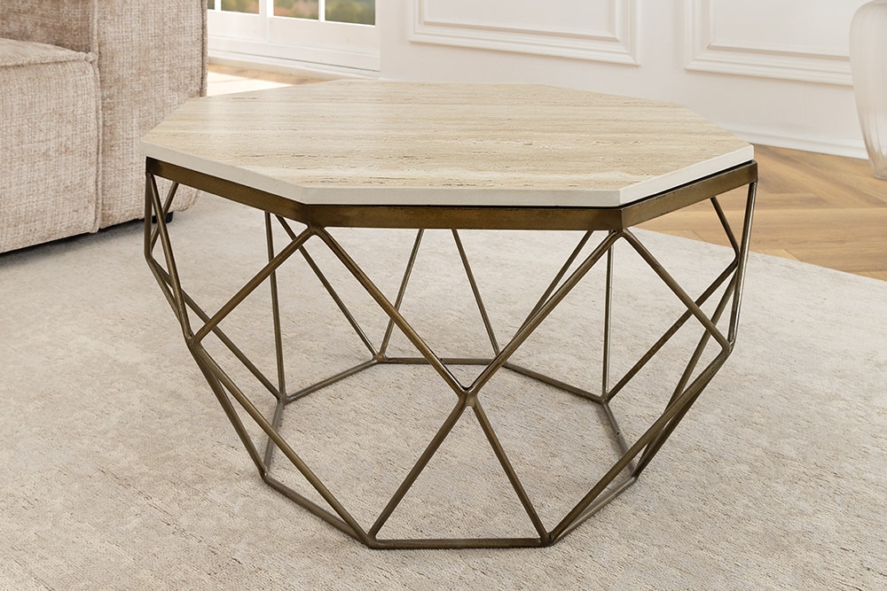 Handgefertigter Couchtisch DIAMOND 70cm beige Travertin messing Eisen