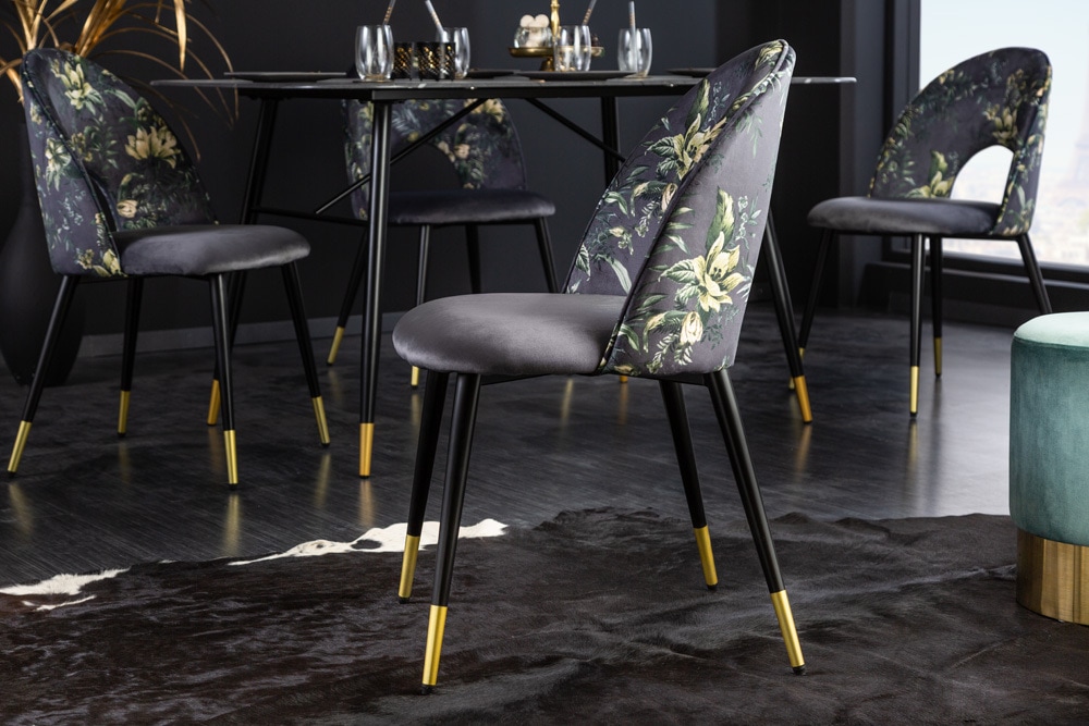 Design Stuhl PRÊT-À-PORTER grau Samt florales Muster und goldene Fußkappen