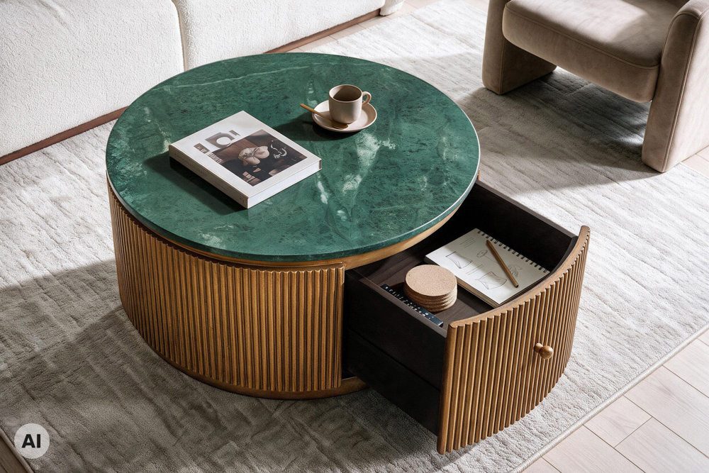 Runder Couchtisch COFFEE TABLE VENEZIANO 70cm messing grün Mangoholz Marmor Schublade
