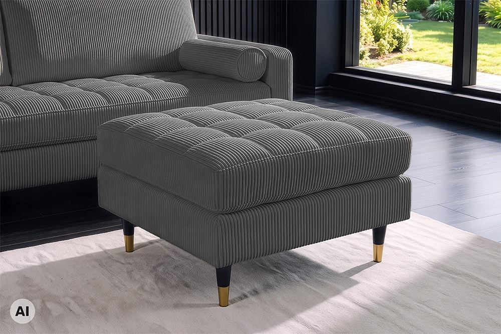 Design Hocker COZY VELVET 80cm grau Cord schwarz mit goldener Metallkappe