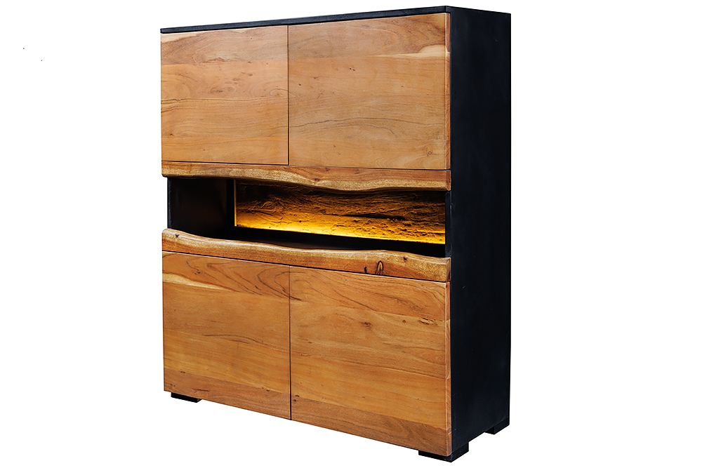 Massivholz Highboard GRAND ACACIA 120cm braun Akazie mit LED-Beleuchtung Baumkante