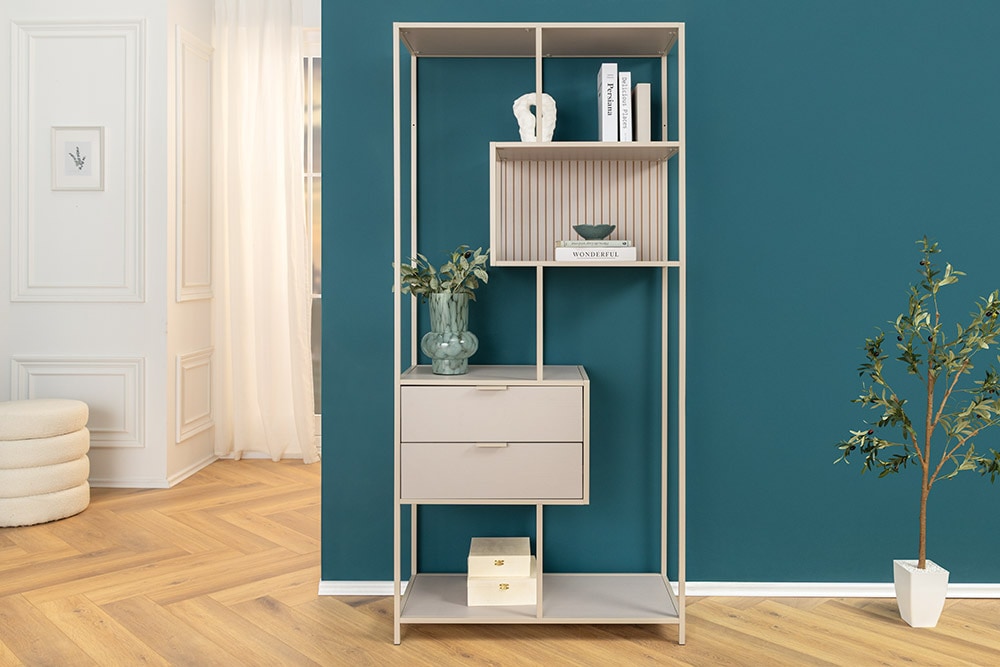 Modernes Bücherregal SLIM LINE 185cm champagner beige Metall mit Schubladen