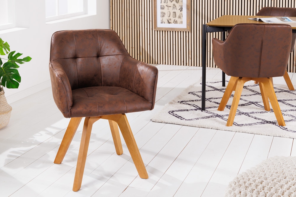Design Stuhl LOFT antik braun Microfaser drehbar massiv Buchenholz mit Armlehne