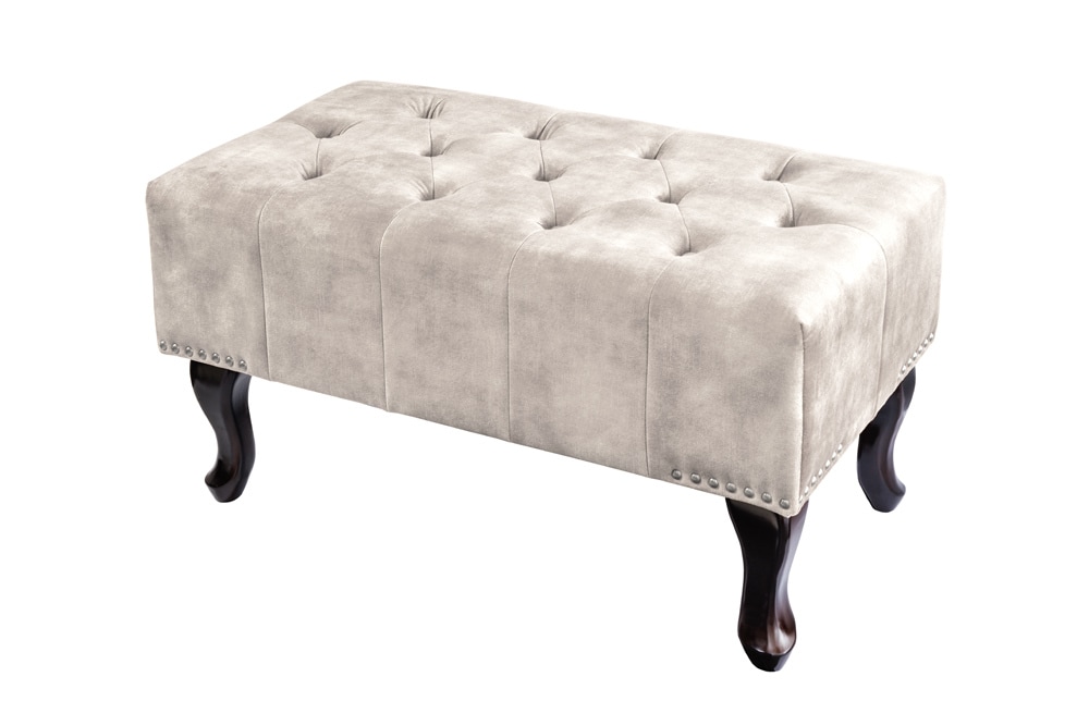 Design Sitzhocker CHESTERFIELD 80cm champagner beige Samt Knopfheftung Nietenbesatz