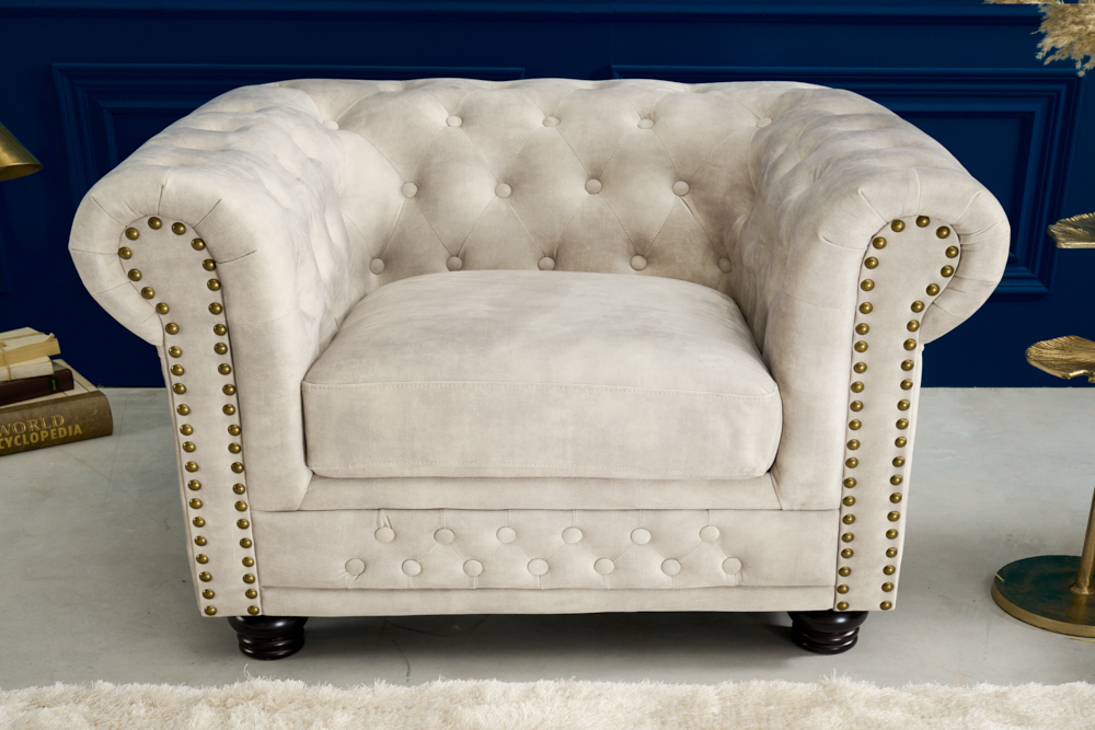 Chesterfield Sessel 110cm Samt champagner beige mit Knopfheftung und Federkern