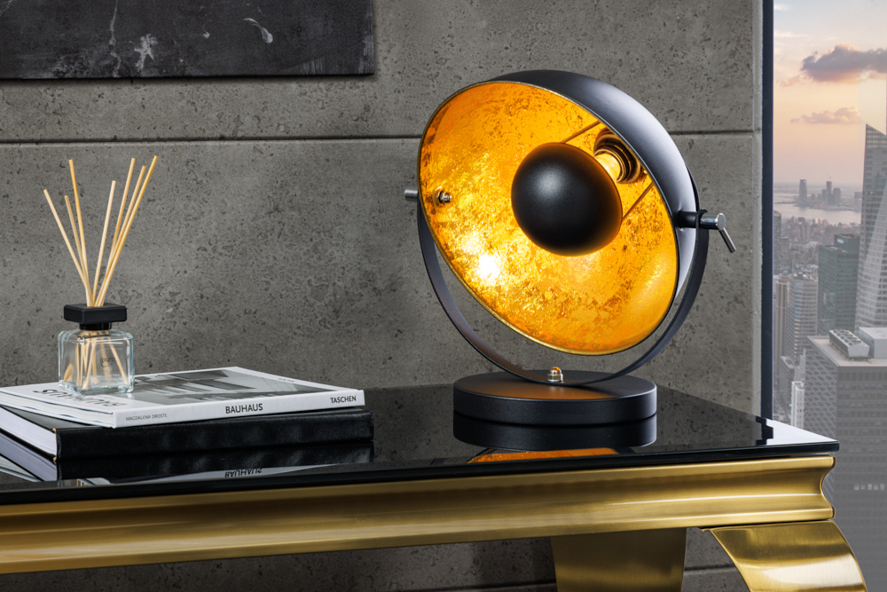 Industrial Design Tischlampe STUDIO 40cm schwarz Blattgold-Optik neigbarer Schirm Industrial Design Tischlampe STUDIO 40cm schwarz Blattgold-Optik neigbarer Schirm