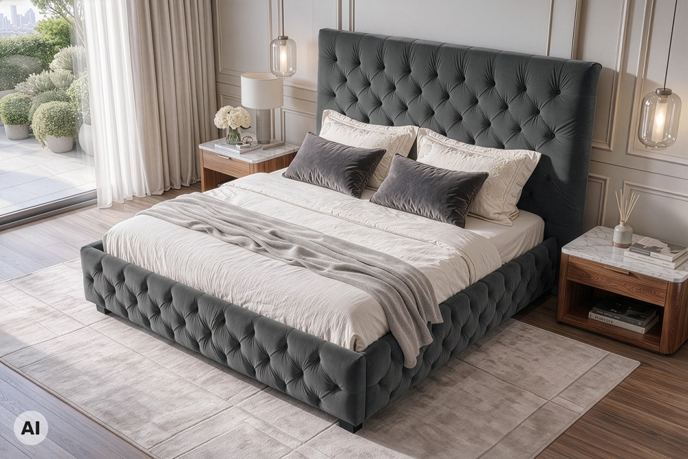 Design Doppelbett PARIS 180x200cm grau Samt Chesterfield