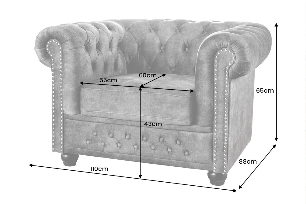 Barocker Sessel CHESTERFIELD grau Samt Federkern mit Knopfheftung