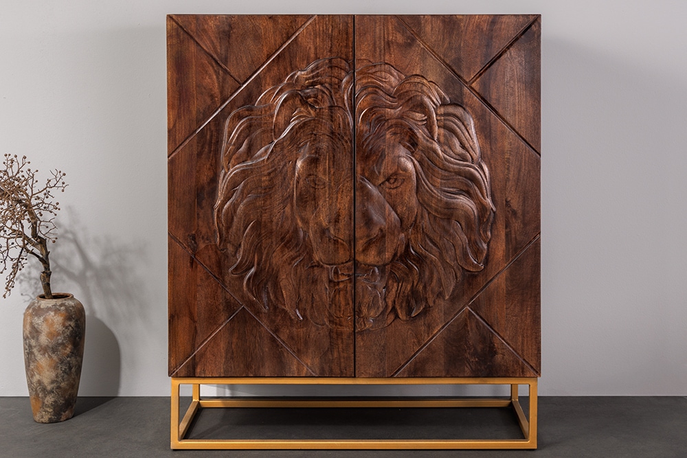Massives Highboard LION 120cm braun Mangoholz gold Metall 3D Schnitzereien Kunstwerk