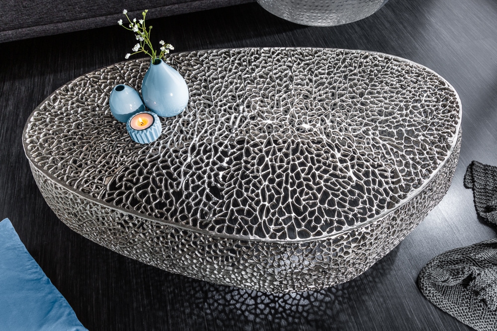 Filigraner Design Couchtisch ABSTRACT LEAF 130cm silber Handarbeit