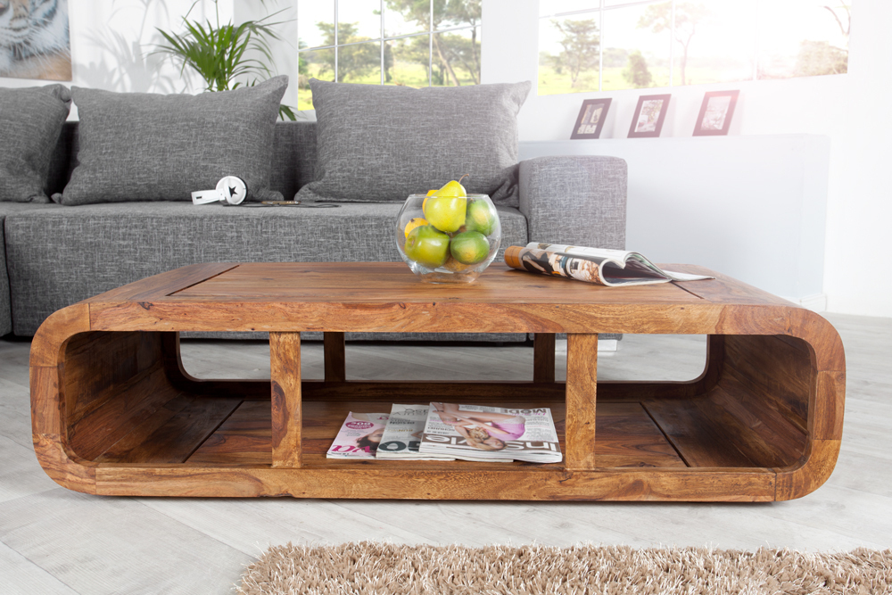 Massivholz Couchtisch CURVED 100cm braun Sheesham stone finish TV-Lowboard Stauraum