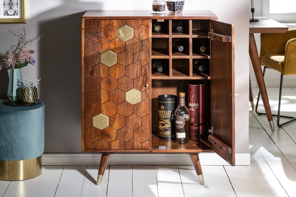 Massiver Barschrank MYSTIC LIVING 75cm Akazie braun gold Retro Design